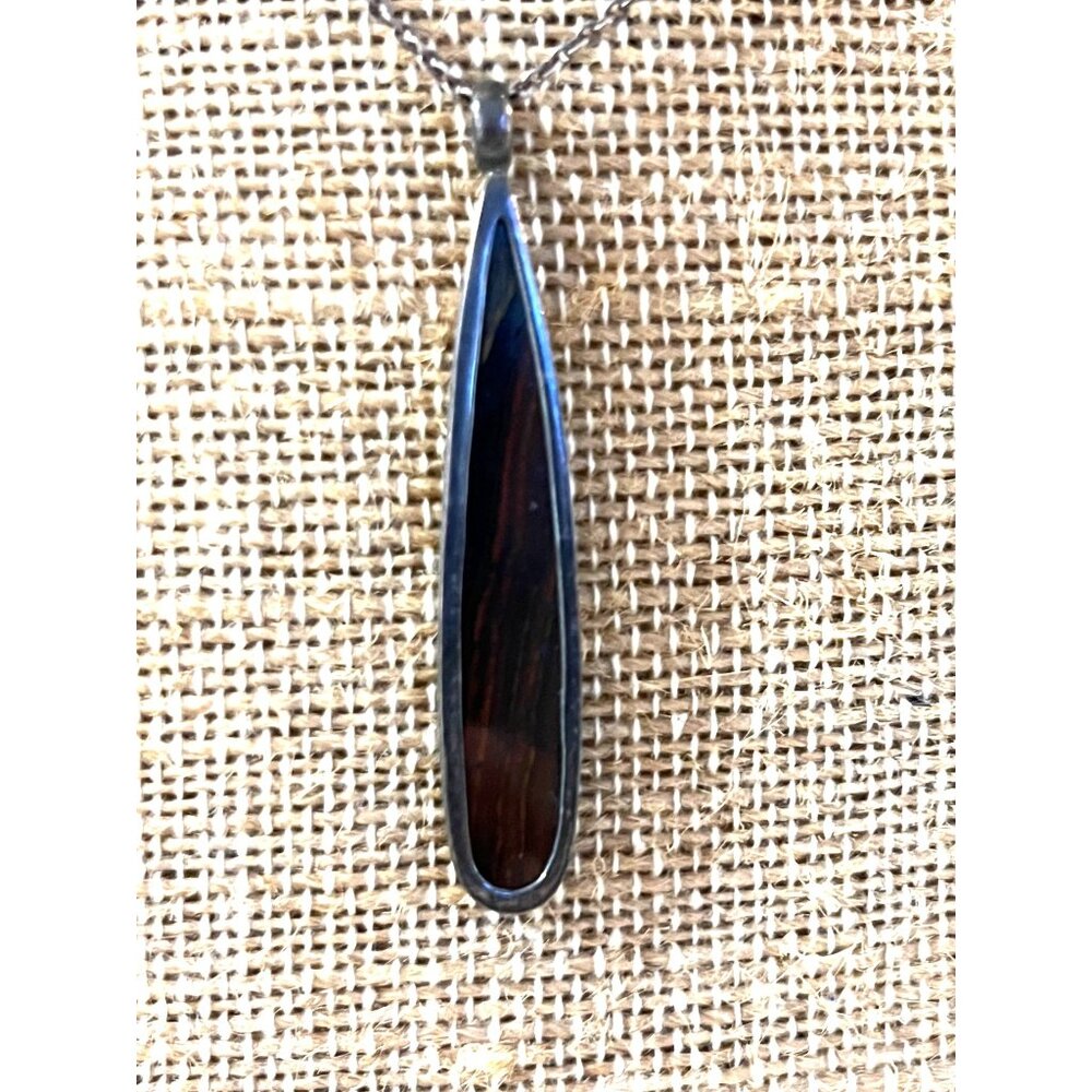 Karibou 925 Sterling Silver Necklace Boho Wood Teardrop Pendant 2" Used - Picture 3 of 8